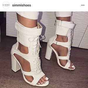 Simmi Shoes Frankie White Croc Velcro Lace Up Heel